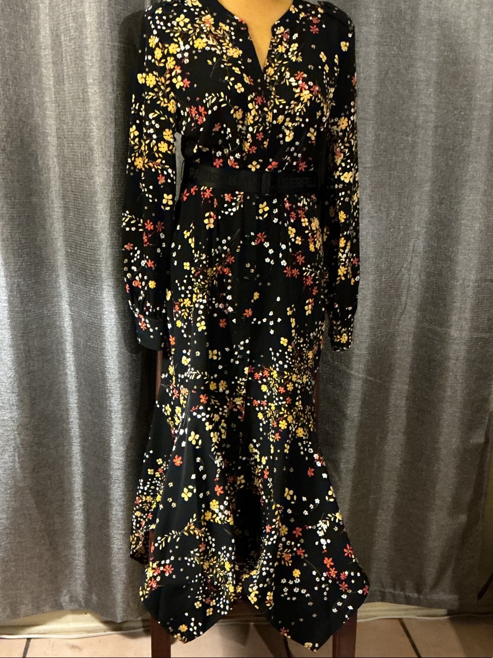Karl Lagerfeld Black Floral Long-Sleeve Midi Dress